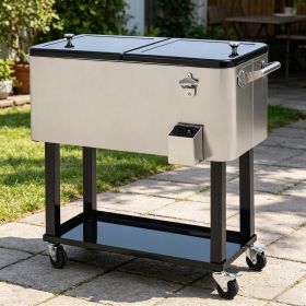 80 QT Silver Rolling Cooling Bins Ice Chest with Wheels Outdoor Stand up Drink Cooler Cart for Party